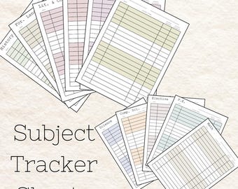May include: A set of printable subject tracker sheets with different colored backgrounds. The sheets are labeled with subjects such as History, For. Lang, Lit. & Co, Literature, Composition, Elective, P.E., Comp. Sci., Science, and Math.