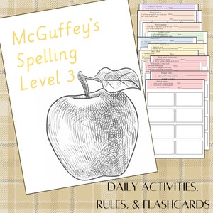 Puede incluir: Actividades diarias, reglas y tarjetas de memoria de ortografía de McGuffey, nivel 3. Una ilustración en blanco y negro de una manzana con una hoja en la parte superior.