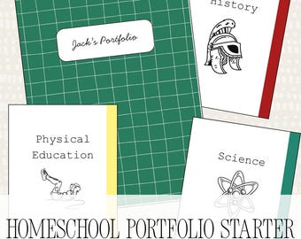 Peut inclure: Un kit de démarrage de portfolio d'école à la maison avec des cahiers pour l'histoire, les sciences, l'éducation physique et un portfolio intitulé "Jack's Portfolio". Les cahiers ont des couvertures blanches.