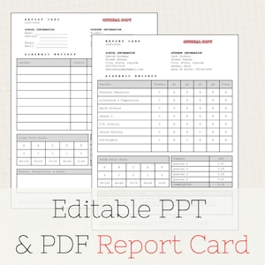 May include: Report card template with student information, academic records, and a grade point scale. The document includes the text "Editable PPT & PDF Report Card."