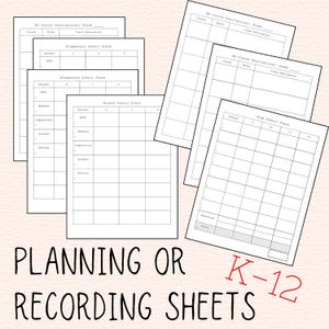 May include: Five printable planning or recording sheets for K-12 education. Each sheet is labelled with a grade level: Elementary School Track, Middle School Track, and High School Track. Each sheet has columns for subject, books, and class description.
