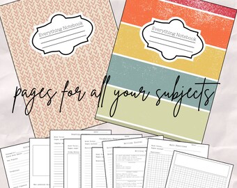 May include: Two colorful notebook covers with the text "Everything Notebook" and the phrase "pages for all your subjects". The covers are a pink and white chevron pattern and a multi-colored striped pattern. The image also shows several printable pages for a notebook, including pages for book titles, vocabulary, writing journal, math exercises, and reading.