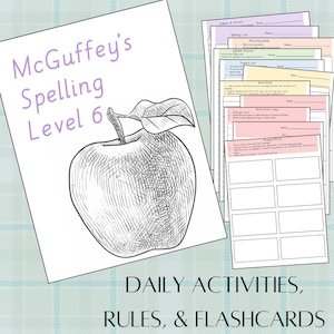 Puede incluir: Actividades diarias, reglas y tarjetas de memoria de ortografía de McGuffey, nivel 6. La imagen muestra una ilustración en blanco y negro de una manzana con una hoja en la parte superior. El texto está en morado.