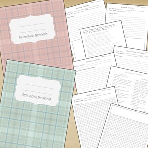 May include: Two notebooks with plaid covers, one pink and one blue, each labeled "Everything Notebook." Several loose-leaf pages include "Reading Journal," "Science Journal," "Writing Journal," "Math Exercises," and "Writing Checklists."