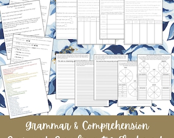 May include: A set of printable worksheets for grammar and comprehension exercises. The worksheets feature a blue and white floral pattern background. The worksheets include titles such as "Grammar Exercises", "Punctuation & Sentence Type", "Parts of Speech Level 2", "Parts of Speech Level 3", "Comprehension Questions", and "Spot & Write Sentence Structure".