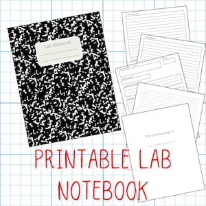 May include: Printable lab notebook with a black and white checkered cover. The cover has the words "Lab Notebook" printed on it. The notebook includes pages for recording experiments, data, and observations.