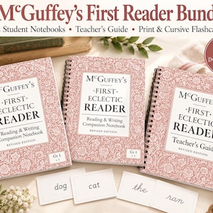 May include: McGuffey's First Reader Bundle includes two spiral-bound student notebooks and a teacher's guide with a dusty rose floral cover. The set features print and cursive flashcards with words like dog, cat, the, and ran. A digital download icon is visible.