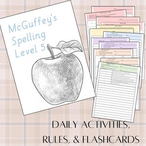 Puede incluir: Actividades diarias, reglas y tarjetas de memoria para la ortografía McGuffey's nivel 5. La imagen presenta una ilustración en blanco y negro de una manzana con una hoja en la parte superior.