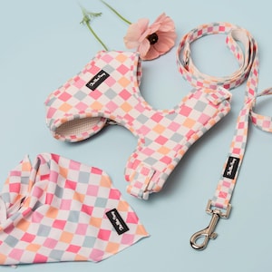 Adjustable Pink Checkered Dog Harness and Leash Set Retro Puppy accessories XS to Large Cute dog Harness Summer Bundle Set Bandana