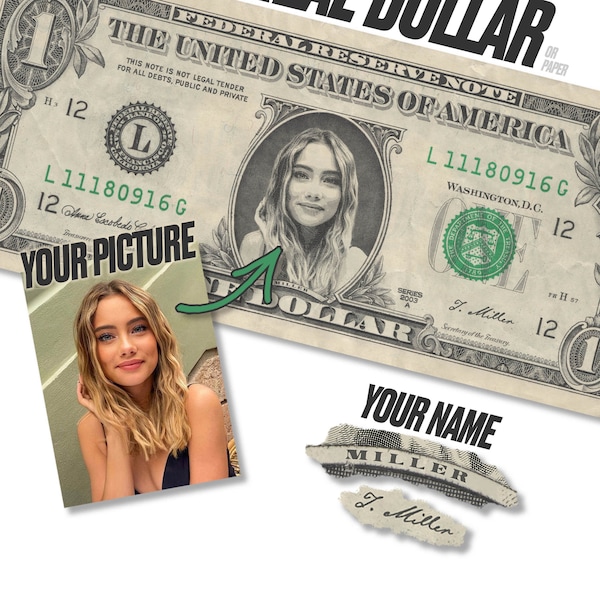 Your Picture Dollar Dollar . Custom Dollar Bill . Dollar art . Interesting gift ideas . Custom Prop Money Replica . Custom money gift