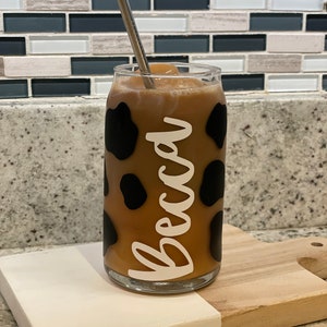 16 oz can cup w/ cow print and personalization// Cow Print with Name or Custom Word// Iced Coffee Tumbler// Beverage Beer Can Style Cup