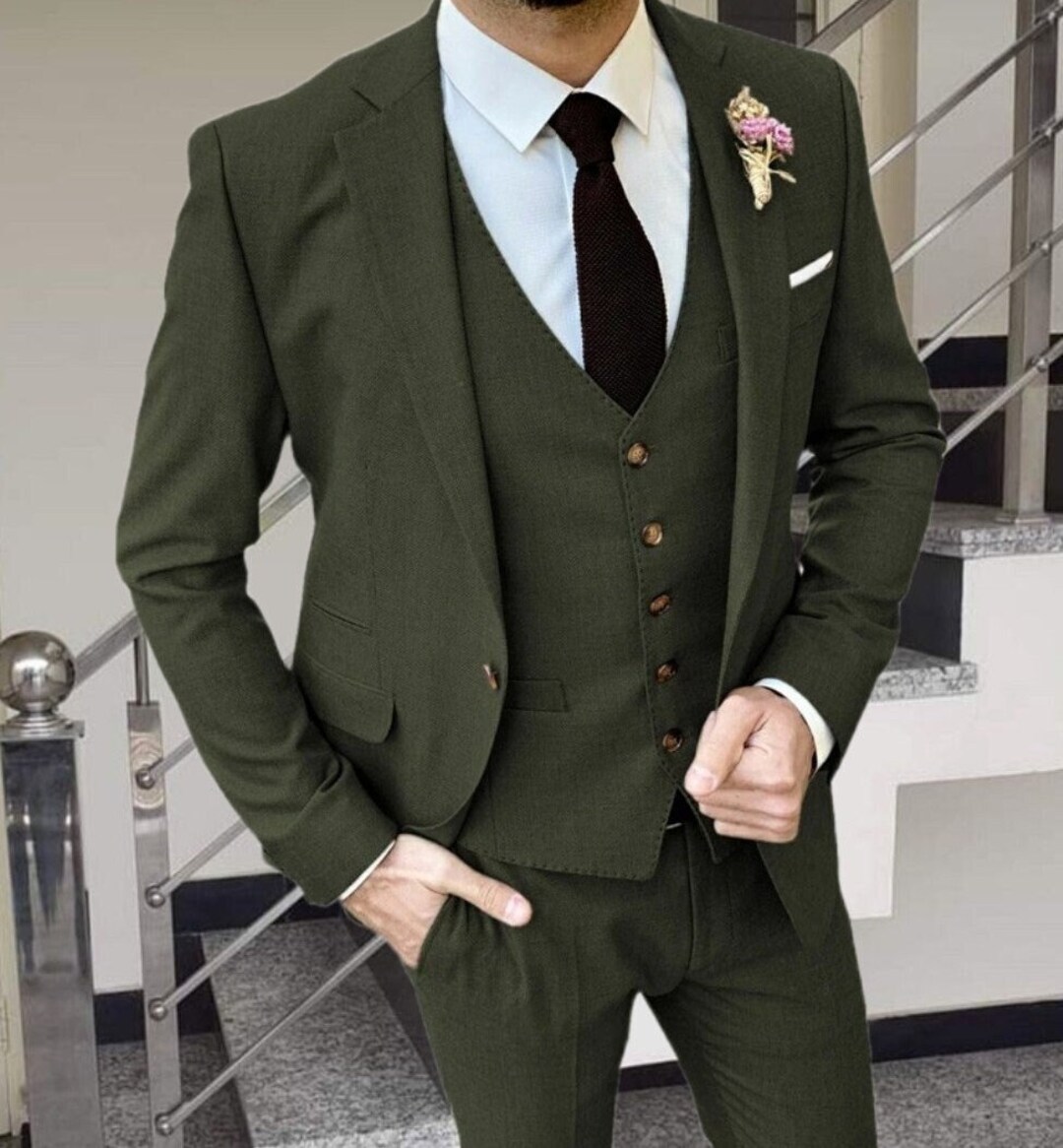 Men Olive Green Suit 3piece Slim Fit Olive Green Suit Green Wedding
