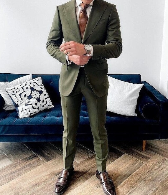 Olive Green Men Suit Slim Fit Tuxedo Groom Wedding Prom Party Black Shawl  Lapel | eBay