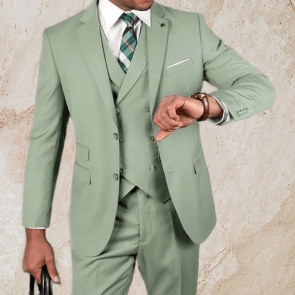 Men's Solid Light Green - Sage - Pieces Vested Suit main image 0