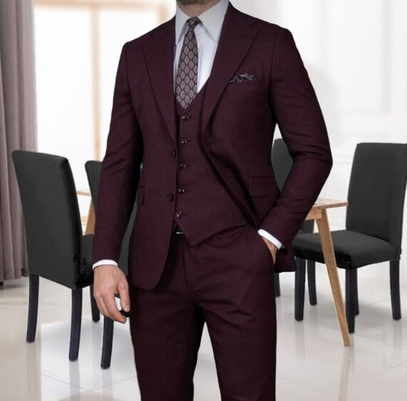 Burgundy 3 piece hotsell slim fit suit