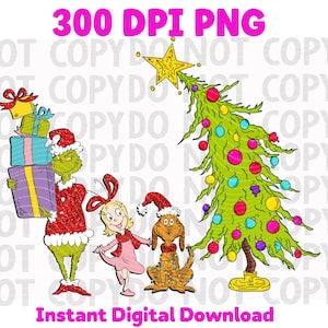 Puede incluir: Ilustración digital de personajes navideños, incluyendo el Grinch, Cindy Lou Who y Max el perro, con un árbol de Navidad decorado y regalos. La imagen incluye el texto "300 DPI PNG" y "Instant Digital Download".