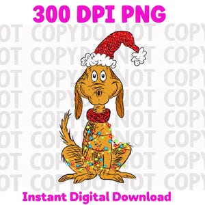 Könnte beinhalten: Eine digitale Illustration eines Cartoon-Hundes mit roter Weihnachtsmütze und rotem Kragen. Der Hund ist mit bunten Weihnachtslichtern geschmückt. Der Text "300 DPI PNG" und "Instant Digital Download" ist in Pink dargestellt.