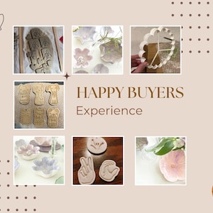 May include: A collage of handmade ceramic items, including flower-shaped bowls, peace signs, and dog-shaped cookie cutters. The text "HAPPY BUYERS Experience" is displayed in the center of the image, with a neutral beige background.
