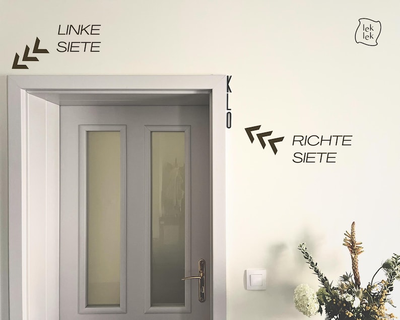 May include: A white door with two glass panels and a gold handle is centered in the image. On the wall, black text and arrows indicate directions: "LINKE SEITE" and "RICHTE SEITE". A small logo and the word "KLO" are also visible.