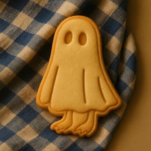 May include: A Halloween-themed ghost-shaped cookie with a light brown color. The cookie has two oval eye indentations and a smiling mouth. It rests on a blue and white checkered cloth.