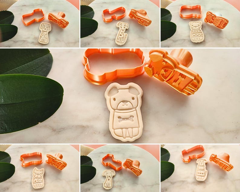 Puede incluir: Cortadores de galletas de pl&aacute;stico naranja con formas de perros, incluyendo un pug, un dachshund y un terrier. Los cortadores est&aacute;n junto a las galletas que crean, que son de color marr&oacute;n claro y presentan dise&ntilde;os detallados. La imagen es un collage de diferentes dise&ntilde;os.