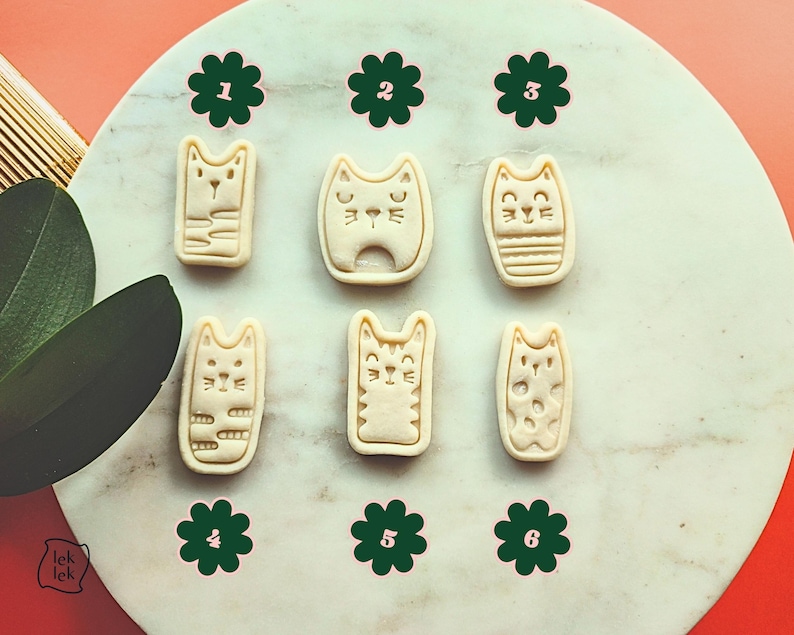 May include: Six cat-shaped cookie cutters arranged on a white marble surface. Each cutter has a unique cat face design. Green flower-shaped stickers with numbers 1-6 are placed around the cutters. The background is a mix of orange and green.