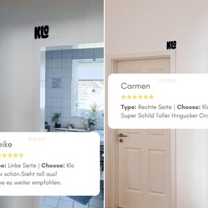 May include: Black metal wall decor spelling "KLO" above a doorway. The image includes customer reviews with text in German. The decor is mounted on a white wall, with a mirror and a window visible in the background.