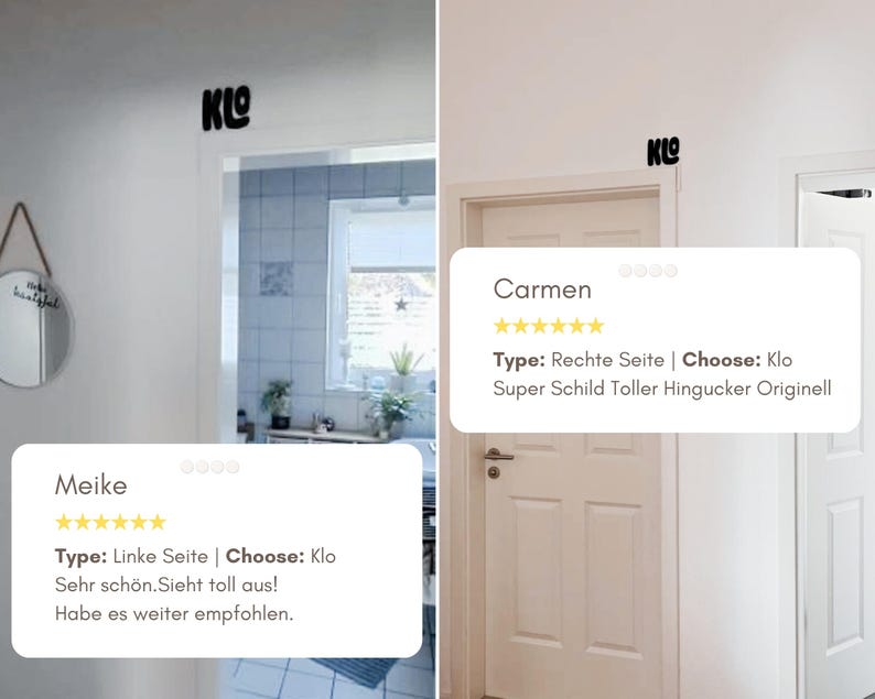 May include: Black metal wall decor spelling "KLO" above a doorway. The image includes customer reviews with text in German. The decor is mounted on a white wall, with a mirror and a window visible in the background.