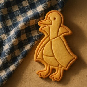 May include: A golden-brown duck-shaped cookie with detailed outlines, resting on a beige surface next to a blue and white checkered cloth. The cookie has a detailed beak, eyes, and feet.