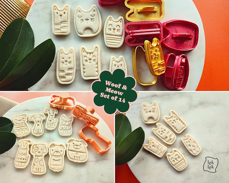 Puede incluir: Un juego de 14 cortadores de galletas con forma de gatos y perros. Los cortadores son de varios colores, incluyendo rojo, amarillo y naranja. Las galletas son de color beige y tienen dise&ntilde;os detallados. El texto "Woof & Meow Set of 14" es visible.