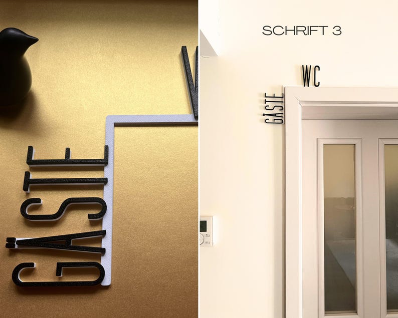 May include: Black and white decorative wall signs. One sign reads "G&auml;ste" in a bold, sans-serif font, with a black bird figurine. Another sign reads "WC" above a white door, with "G&auml;ste" on the side. The text "SCHRIFT 3" is above the door.