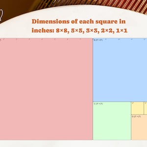 May include: A diagram showing a series of colored squares with dimensions in inches. The largest square is pink, 8x8 inches. Other squares are blue, green, and yellow, with dimensions decreasing to 1x1 inch. Text indicates the dimensions.
