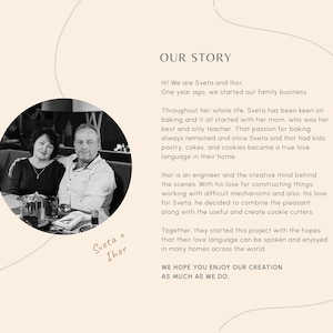 May include: A black and white photo of a couple, Sveta and Ihor, in a circular frame. The text "OUR STORY" is above the text describing their family business. The logo "lek lek" is in the upper left corner.