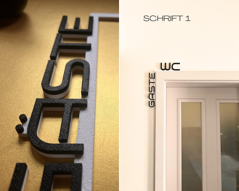 May include: Black and white 3D printed sign that says "G&auml;ste" and "WC". The sign is mounted on a white door frame. The letters are black with a white border. The background is a gold color.