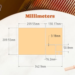 May include: Diagram with measurements in millimeters. The diagram shows a series of connected rectangles in shades of orange, with dimensions labeled in millimeters. A small illustration of a person measuring with a ruler is in the bottom right corner.