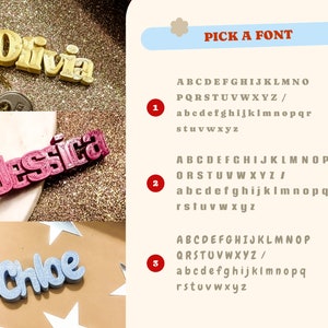 May include: Three different fonts for names are shown. The first font is a gold color and says "Olivia". The second font is a pink color and says "Jessica". The third font is a light blue color and says "Chloe".