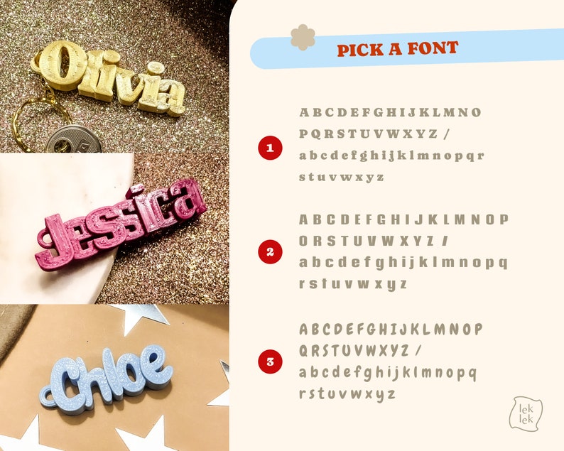 May include: Three different fonts for names are shown. The first font is a gold color and says "Olivia". The second font is a pink color and says "Jessica". The third font is a light blue color and says "Chloe".