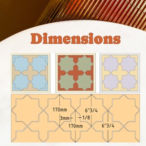 May include: Image showing three square tile designs in blue, green, and purple, with a larger tile layout below. The text "Dimensions" is at the top. Measurements are given in inches and millimeters.
