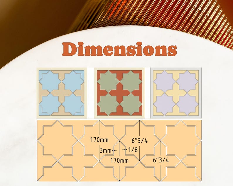 May include: Image showing three square tile designs in blue, green, and purple, with a larger tile layout below. The text "Dimensions" is at the top. Measurements are given in inches and millimeters.