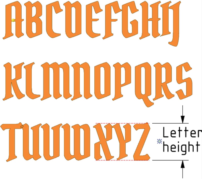May include: An orange alphabet set featuring uppercase letters from A to Z in a gothic-style font. The letters are arranged in three rows. A diagram on the right side indicates the letter height with two black arrows and the text Letter height.