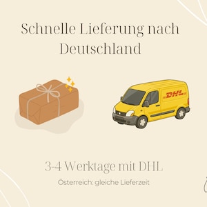 May include: An illustration featuring a brown package tied with string, with sparkling accents, next to a yellow DHL delivery van. Text reads "Schnelle Lieferung nach Deutschland" and "3-4 Werktage mit DHL".