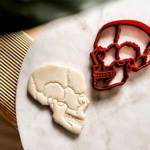 May include: A red plastic skull cookie cutter and a white fondant skull cookie. The cookie cutter is detailed with the skull's bone structure.