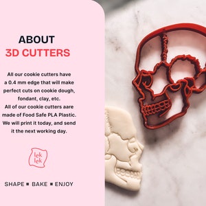 May include: A red 3D skull cookie cutter next to a skull-shaped cookie. The image includes text that says "ABOUT 3D CUTTERS" and "SHAPE * BAKE * ENJOY". The cookie cutter is made of food-safe PLA plastic.