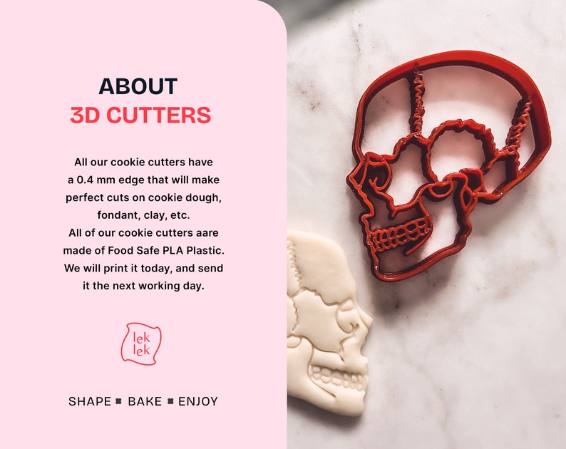 May include: A red 3D skull cookie cutter next to a skull-shaped cookie. The image includes text that says "ABOUT 3D CUTTERS" and "SHAPE * BAKE * ENJOY". The cookie cutter is made of food-safe PLA plastic.