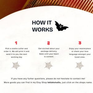 May include: White graphic with the text "HOW IT WORKS" and steps for ordering a cookie cutter. Includes a bat illustration and spiderweb graphics. The Etsy shop name "leklekstudio" is also displayed.