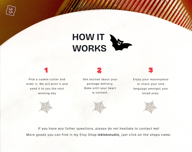 May include: White graphic with the text "HOW IT WORKS" and steps for ordering a cookie cutter. Includes a bat illustration and spiderweb graphics. The Etsy shop name "leklekstudio" is also displayed.