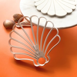 May include: A white plastic seashell-shaped cookie cutter with a detailed ribbed design. The cutter features a fan-like structure with multiple radiating lines and a circular base, providing a clear outline for baking or crafting projects.