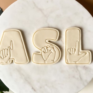 ASL-koekjesuitsteker en -stempel, gepersonaliseerd gebarentaalalfabet, bakgereedschap voor dovenonderwijs, Amerikaanse gebarentaalleraar cadeau-tolk
