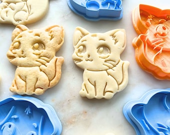Cute Cat Cookie Cutter with Anime Eyes – 3D Printed Kitty Cookie Stamp, Cat-Themed Biscuit Cutter, Katze Whiskers Icing Tool