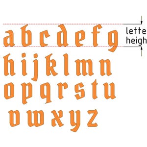 May include: A set of orange lowercase letters in a gothic typeface arranged in four rows. The letters a through z are displayed with a diagram indicating the letter height using two horizontal dashed lines and a vertical arrow labeled letter height.